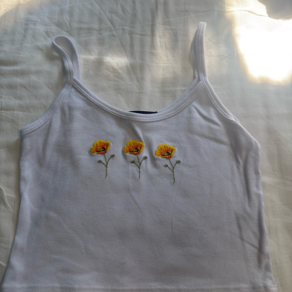 Brandy Melville White Tank Top with Floral Embroidery